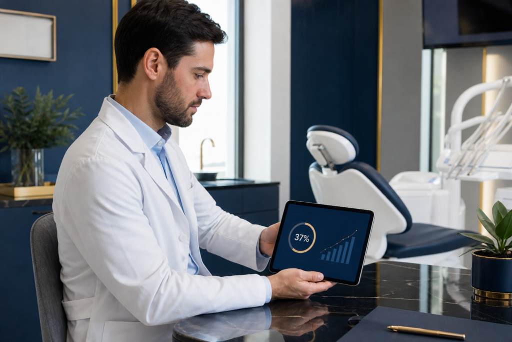 Dentista analisando a margem real por procedimento em um tablet, consultório em tons de azul-marinho e dourado