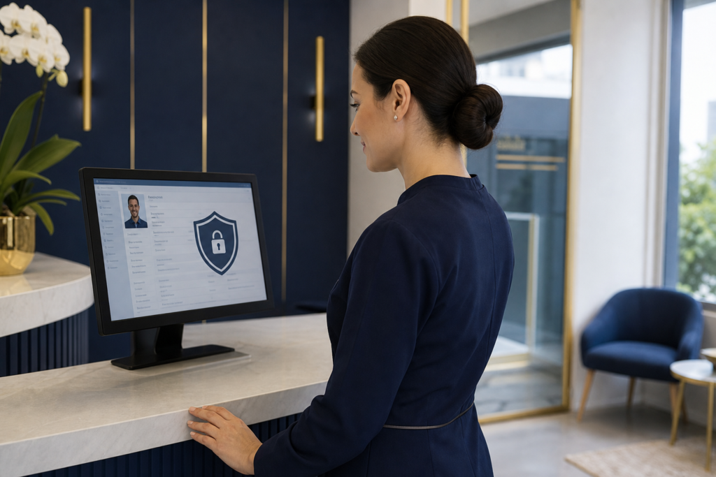 Profissional da equipe verificando a proteção de dados do prontuário digital do paciente, consultório em tons de azul-marinho e dourado
