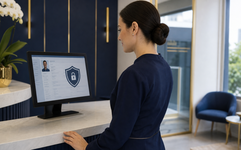 Profissional da equipe verificando a proteção de dados do prontuário digital do paciente, consultório em tons de azul-marinho e dourado