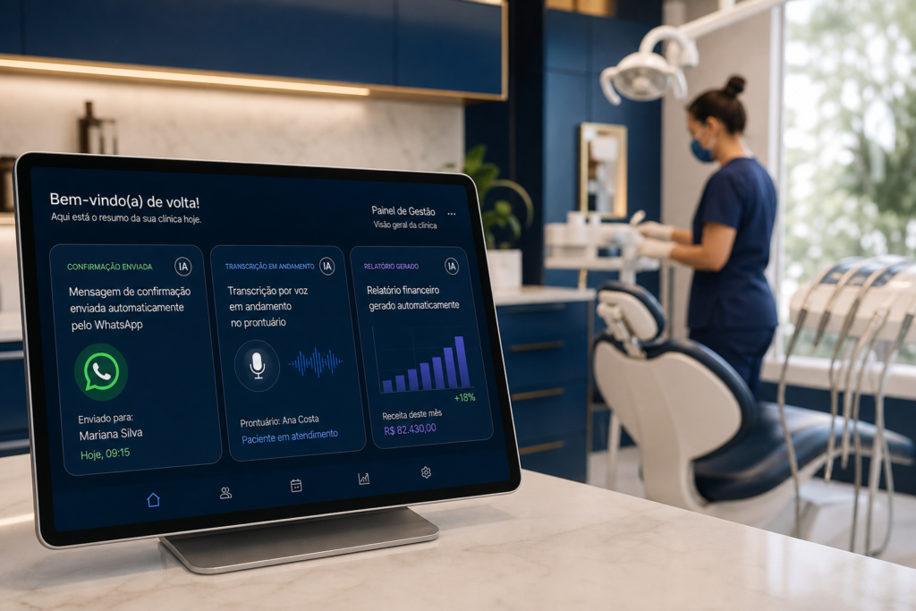 Painel de gestão da clínica odontológica mostrando confirmação automática de consulta, transcrição por voz e relatório financeiro gerados por inteligência artificial