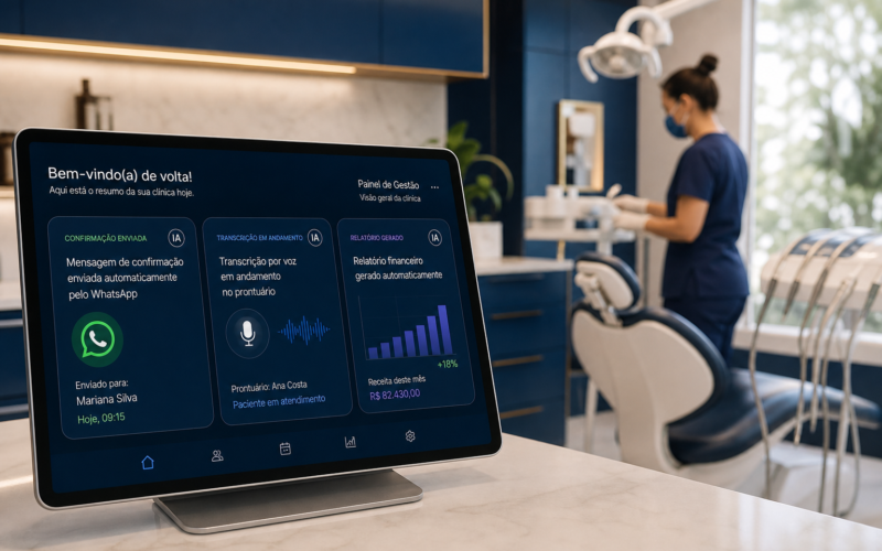 Painel de gestão da clínica odontológica mostrando confirmação automática de consulta, transcrição por voz e relatório financeiro gerados por inteligência artificial