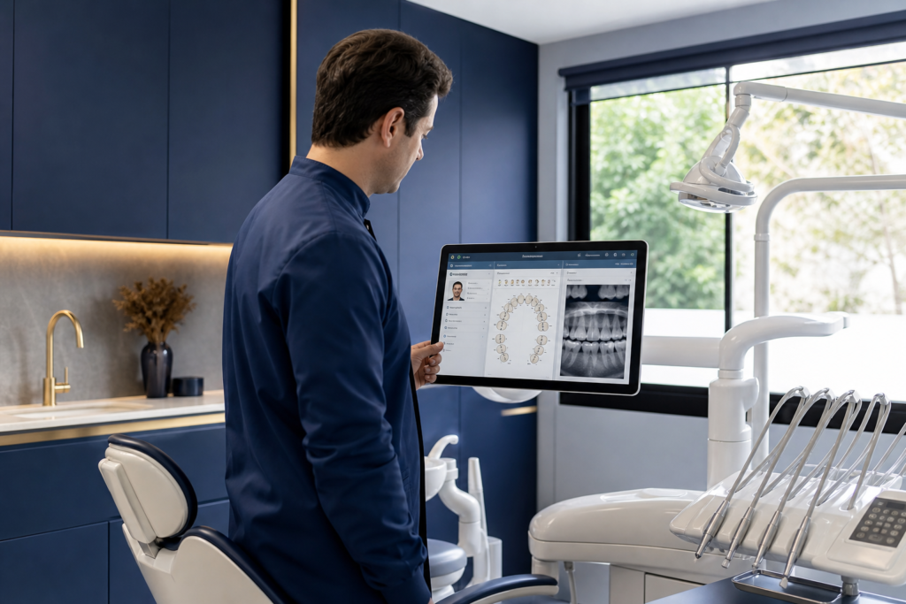 Dentista consultando o histórico clínico consolidado de um paciente em tela digital, mostrando ficha, odontograma e radiografia no mesmo prontuário eletrônico odontológico