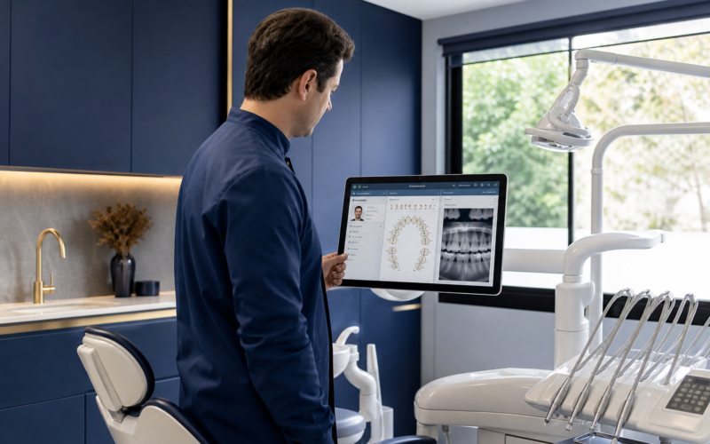 Dentista consultando o histórico clínico consolidado de um paciente em tela digital, mostrando ficha, odontograma e radiografia no mesmo prontuário eletrônico odontológico