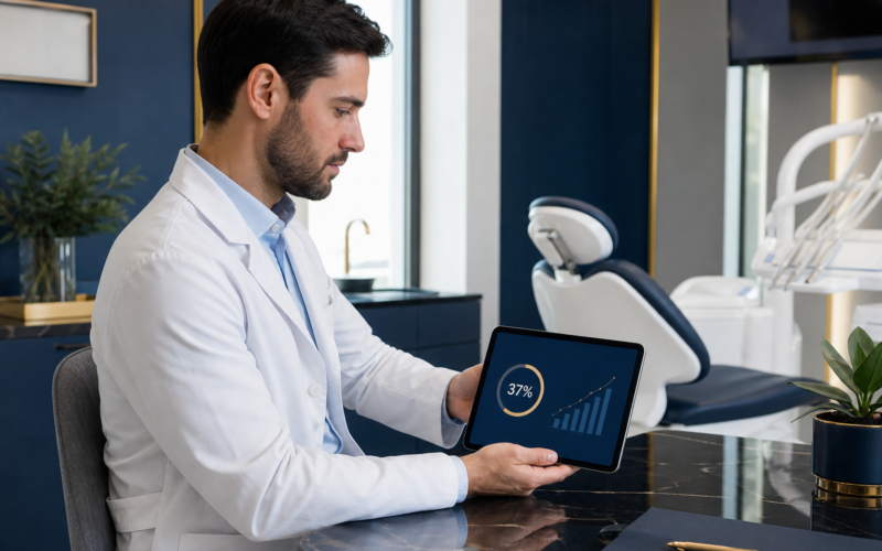 Dentista analisando a margem real por procedimento em um tablet, consultório em tons de azul-marinho e dourado