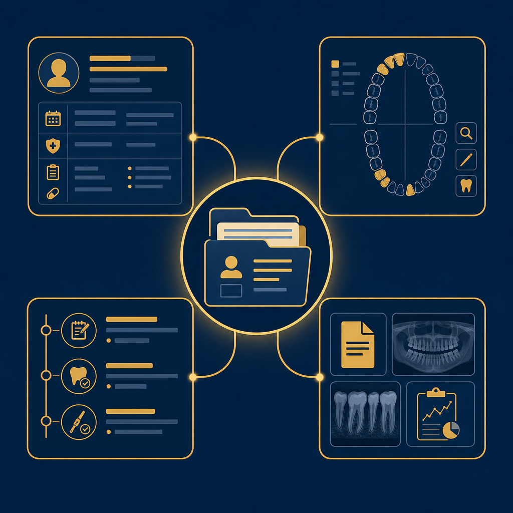 Ilustração mostrando ficha clínica, odontograma, evolução clínica e anexos se consolidando num único prontuário eletrônico odontológico