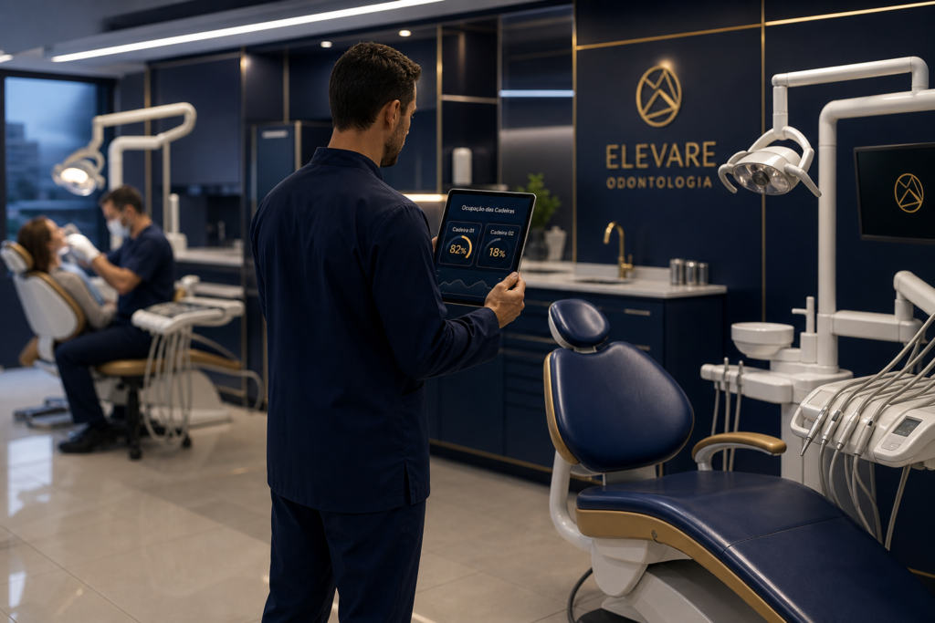 Dentista comparando a ocupação de duas cadeiras odontológicas num tablet, uma em atendimento e outra vazia