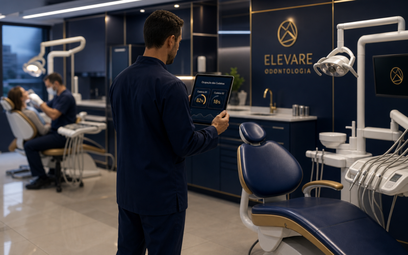 Dentista comparando a ocupação de duas cadeiras odontológicas num tablet, uma em atendimento e outra vazia