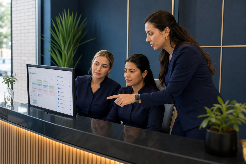 Equipe de recepção de clínica odontológica em treinamento no balcão, revisando a agenda do dia em um monitor, ambiente em tons de azul-marinho e dourado