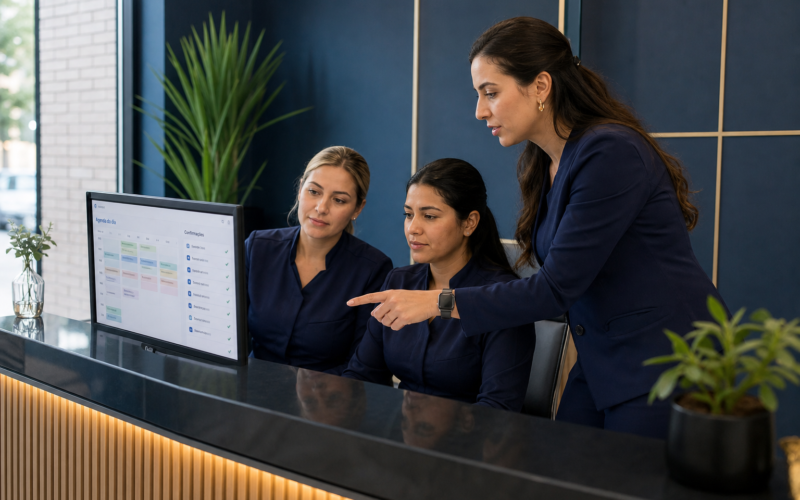 Equipe de recepção de clínica odontológica em treinamento no balcão, revisando a agenda do dia em um monitor, ambiente em tons de azul-marinho e dourado