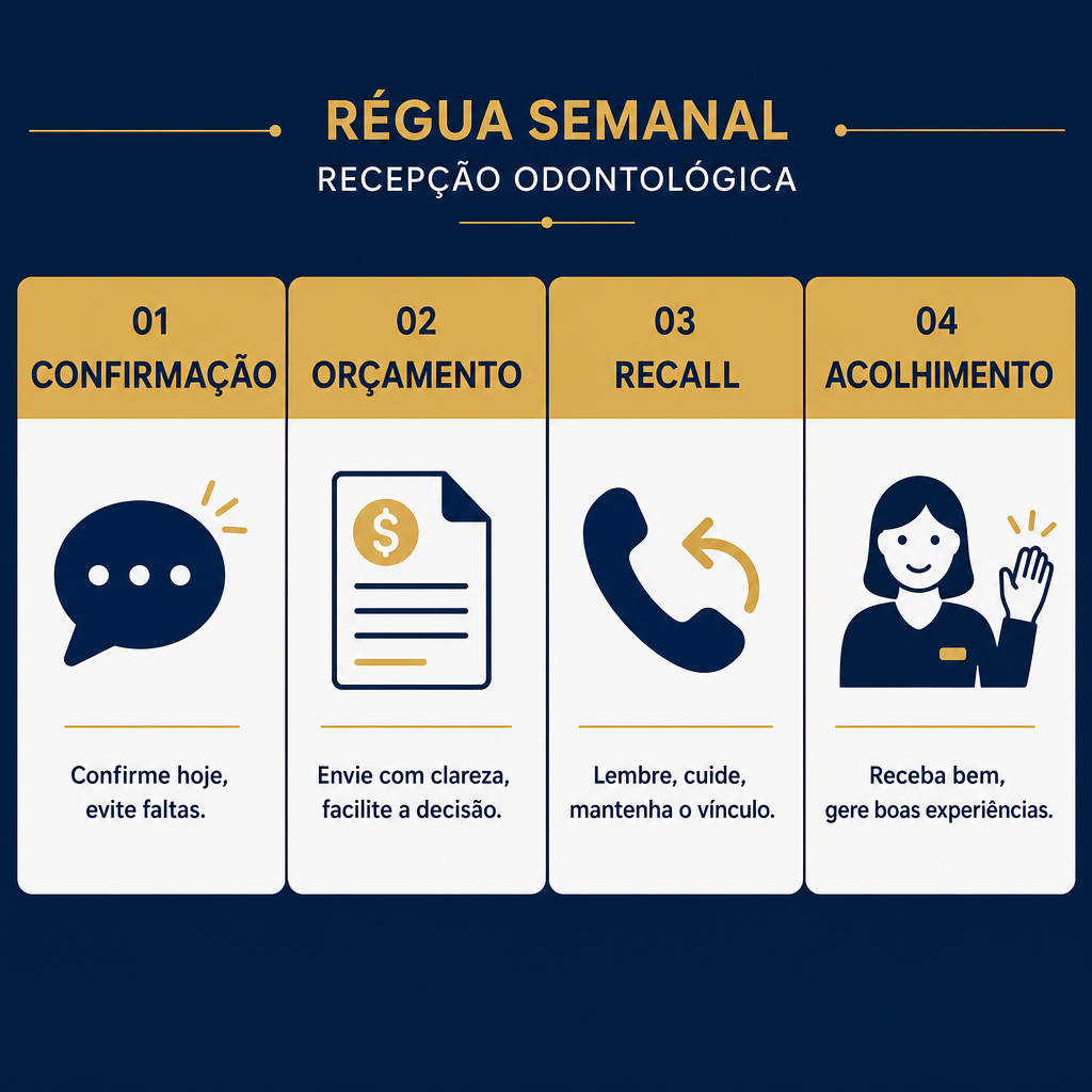 Diagrama das quatro frentes de treino da equipe de recepção da clínica odontológica: confirmação, orçamento, recall e acolhimento